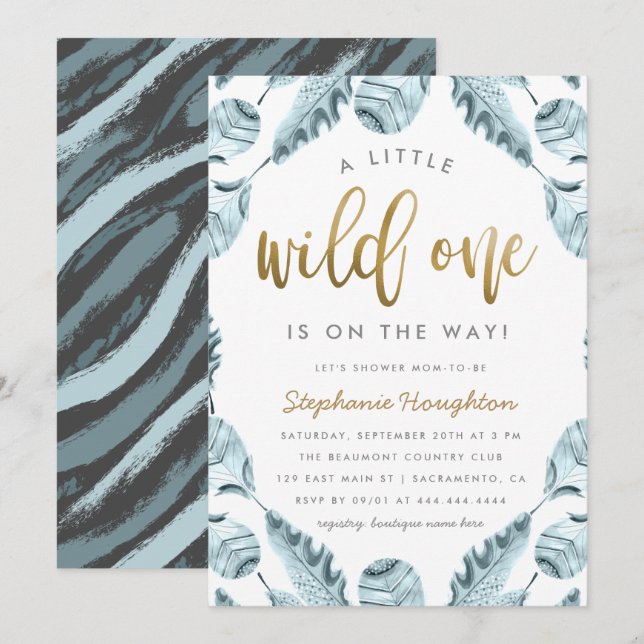 Invitación Sweet Boho Feathers Gold Wild One Boy Baby Shower (Anverso / Reverso)