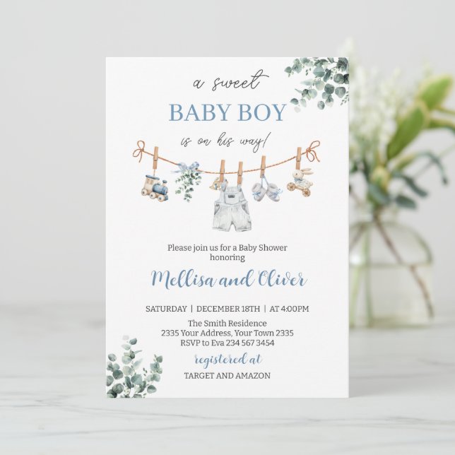 Invitación Sweet Boho Neutral Clothesline Boy Baby Shower (Anverso de pie)