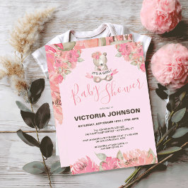 Invitación Sweet Boho Watercolor Floral Bear Woodland Baby