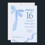 Invitación Sweet Bow Ribbon Coquette de moda azul suave 16<br><div class="desc">Celebra un hito en el estilo con esta Invitación de cumpleaños Soft Blue Coquette Sweet 16, disponible tanto en forma impresa como en forma de descarga digital. Con una cinta acuarela pintada a mano y un diseño de arco de Lorena Depante, esta invitación combina elegancia suave y femenina con un...</div>
