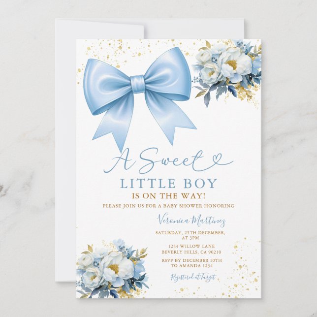 Invitación Sweet Boy Blue Bow Coquette Baby Shower Floral (Anverso)