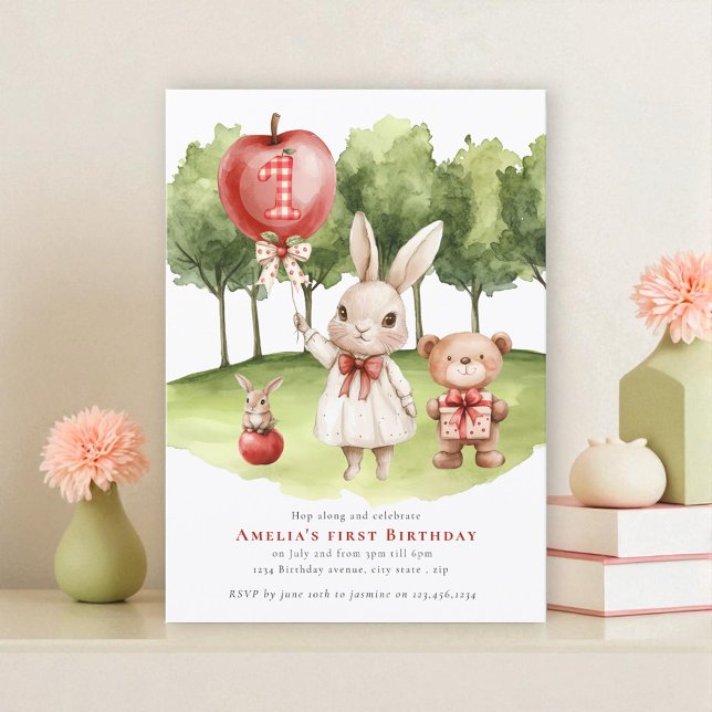 Invitación Sweet Bunny Apple First Birthday Invitation (Subido por el creador)