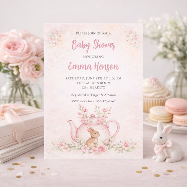 Invitación Sweet Bunny & Floral Teapot Baby Shower  (Subido por el creador)