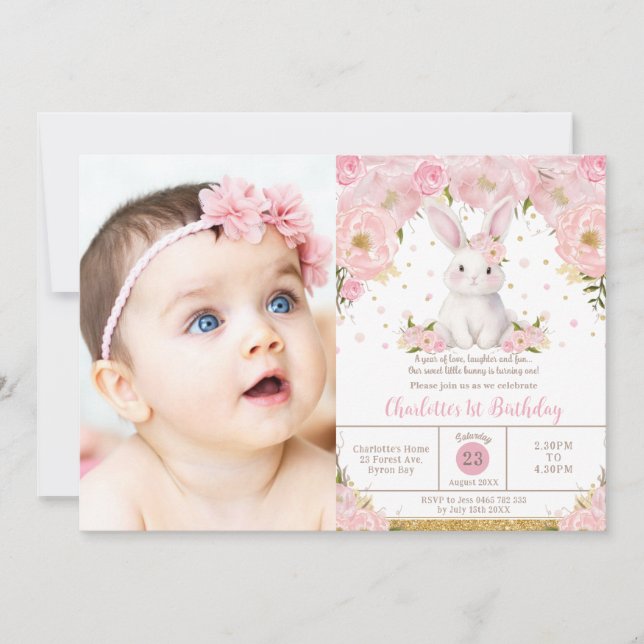 Invitación Sweet Bunny Rabbit Pink 1st 2nd 3rd Birthday Photo (Anverso)