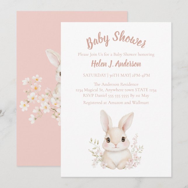 Invitación Sweet Bunny Watercolor Flor rosa Baby Shower (Anverso / Reverso)