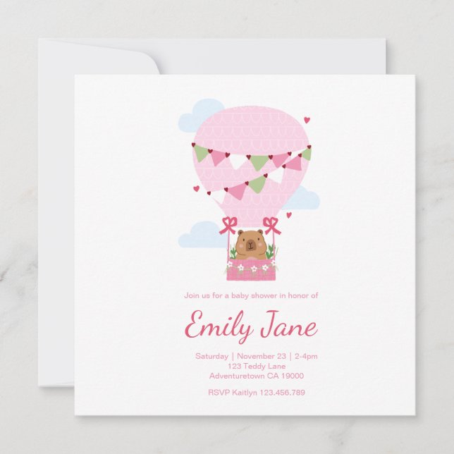 Invitación Sweet Capybara Baby Shower Invitation Baby Girl (Anverso)
