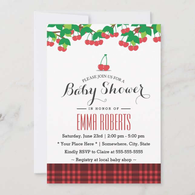 Invitación Sweet Cherries Picnic Gingham Baby Shower (Anverso)