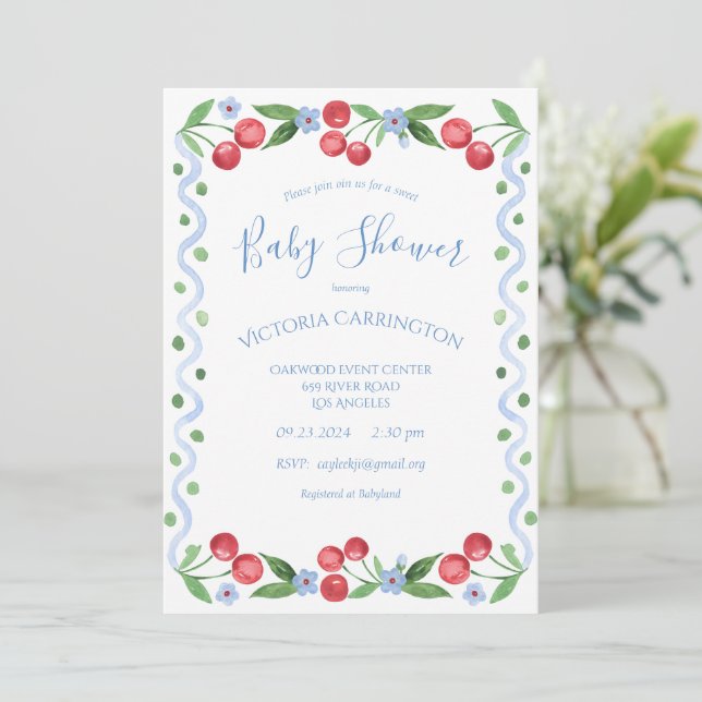 Invitación Sweet Cherry Blue Baby Shower (Anverso de pie)