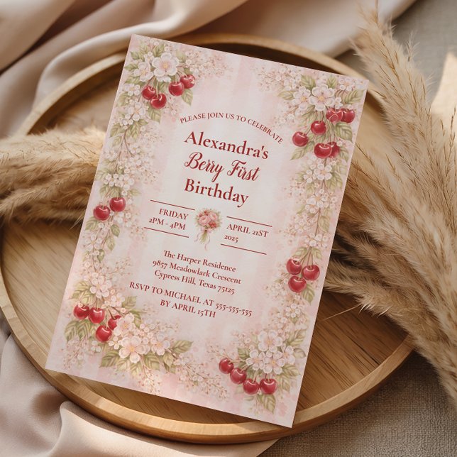 Invitación Sweet Cherry Floral First Birthday 1st Birthday (Subido por el creador)