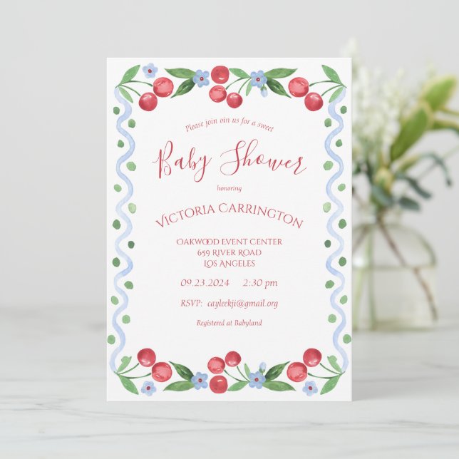Invitación Sweet Cherry Red Baby Shower (Anverso de pie)