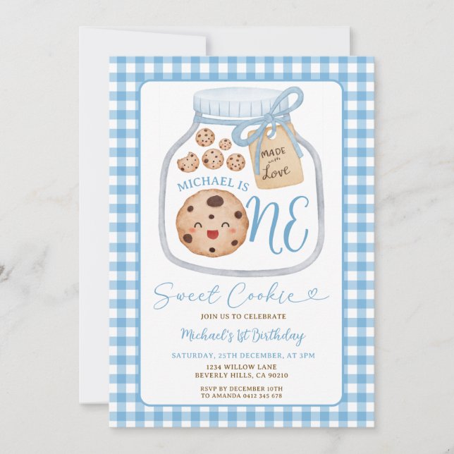 Invitación Sweet Cookie Boy First Birthday Blue Gingham Jar (Anverso)