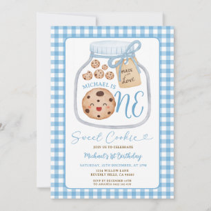 Invitación Sweet Cookie Boy First Birthday Blue Gingham Jar