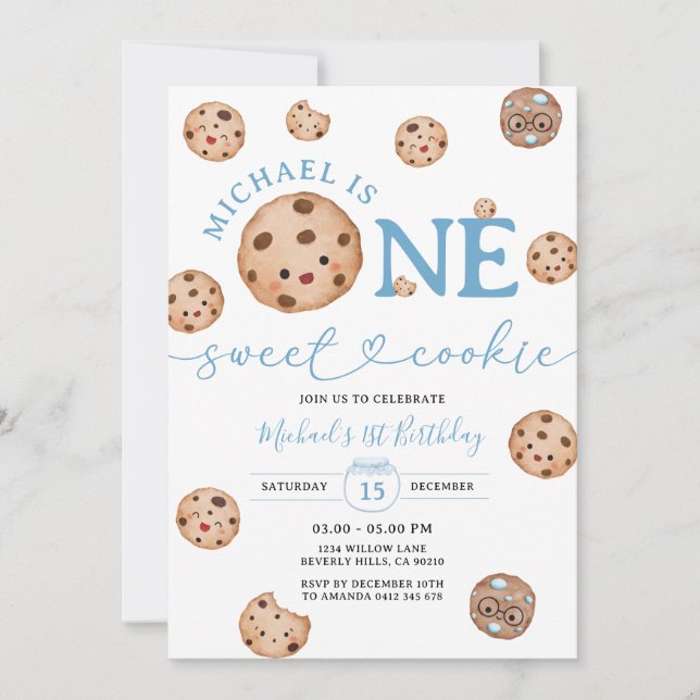 Invitación Sweet Cookie Boy First Birthday Blue Gingham Jar (Anverso)