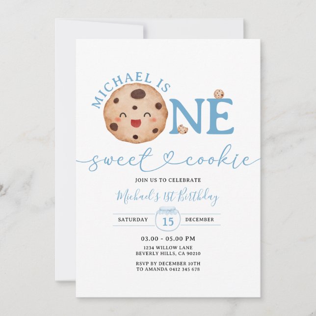 Invitación Sweet Cookie Boy First Birthday Blue Gingham Jar (Anverso)