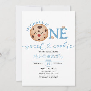Invitación Sweet Cookie Boy First Birthday Blue Gingham Jar