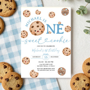 Invitación Sweet Cookie Boy First Birthday Blue Gingham Jar