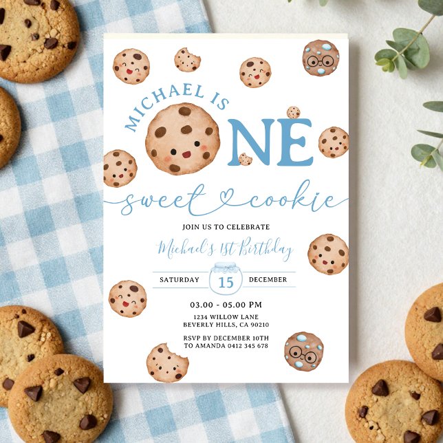 Invitación Sweet Cookie Boy First Birthday Blue Gingham Jar (Subido por el creador)