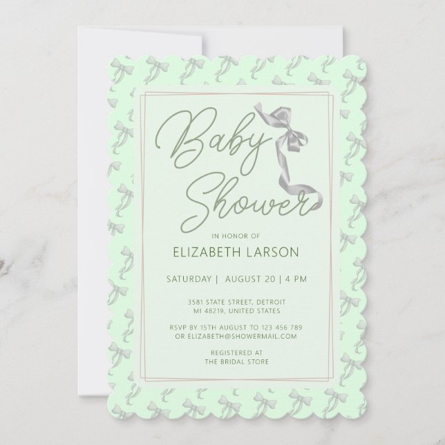 Invitación Sweet Coquette Green Bow Tie Elegant Baby Shower (Anverso)