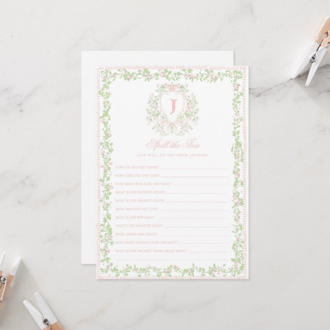 Invitación Sweet Crest | Spill the Tea Bridal Shower Game  (Anverso/Reverso In Situ)