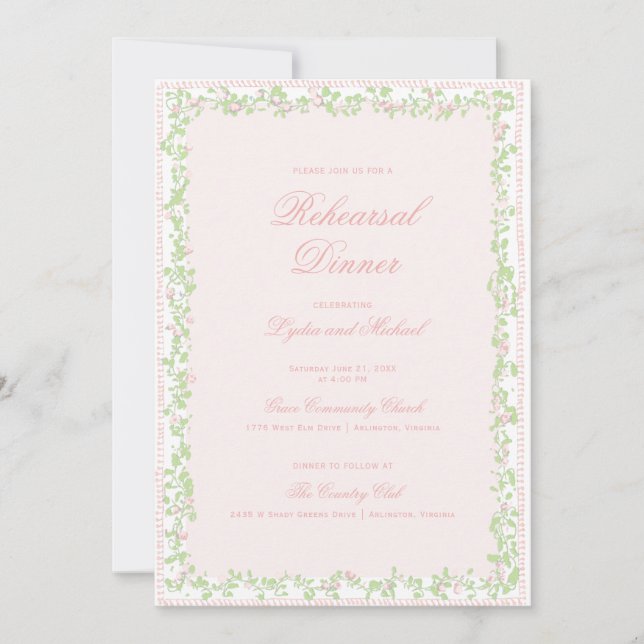 Invitación Sweet Crest w/ Blush Pink Bow | Rehearsal Dinner (Anverso)