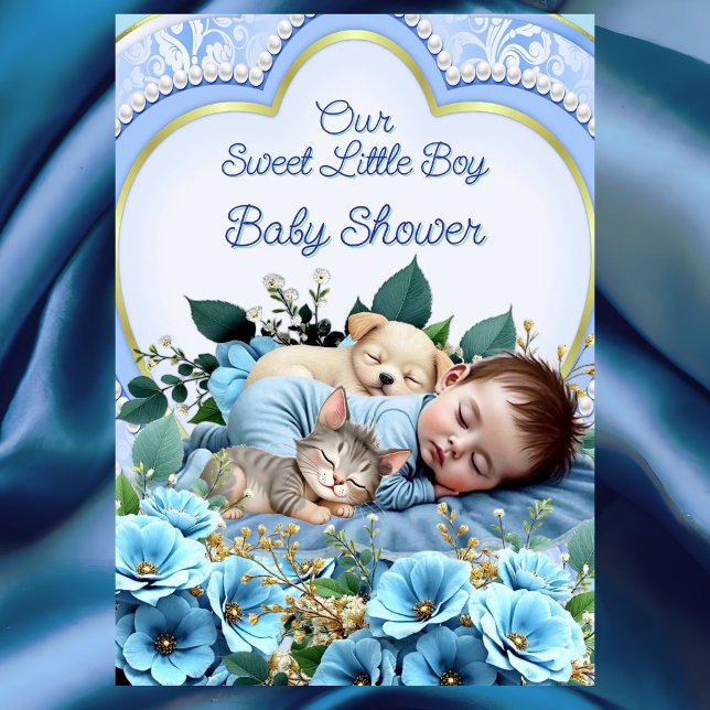 Invitación Sweet Cute Blue Boy Baby Shower Puppy Kitten (Subido por el creador)