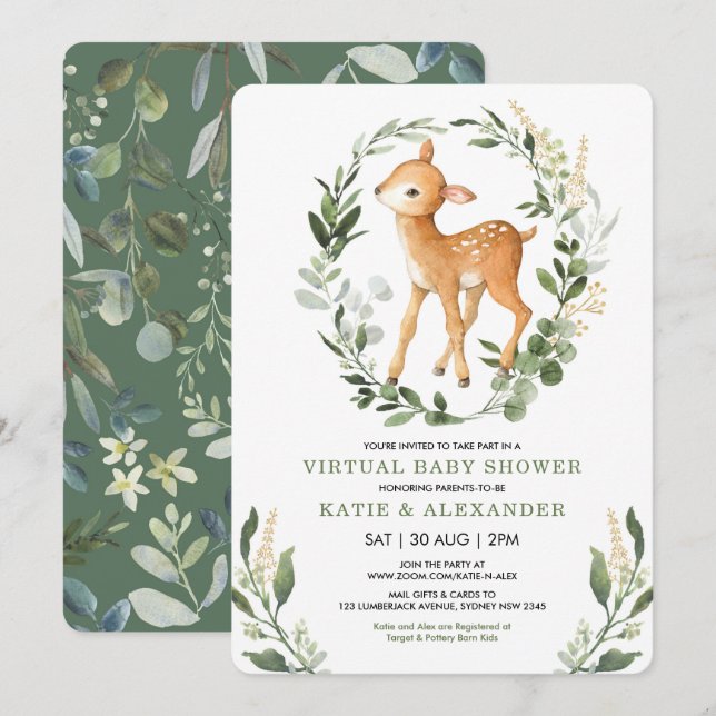 Invitación Sweet Deer Woodland Greenery Virtual Baby Shower (Anverso / Reverso)