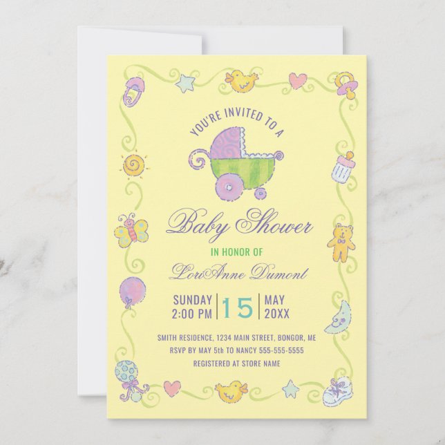 Invitación Sweet Dreams Carriage Baby Shower amarillo (Anverso)