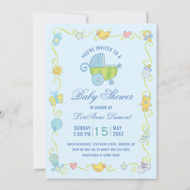 Invitación Sweet Dreams Carriage Blue Baby Shower (Anverso)