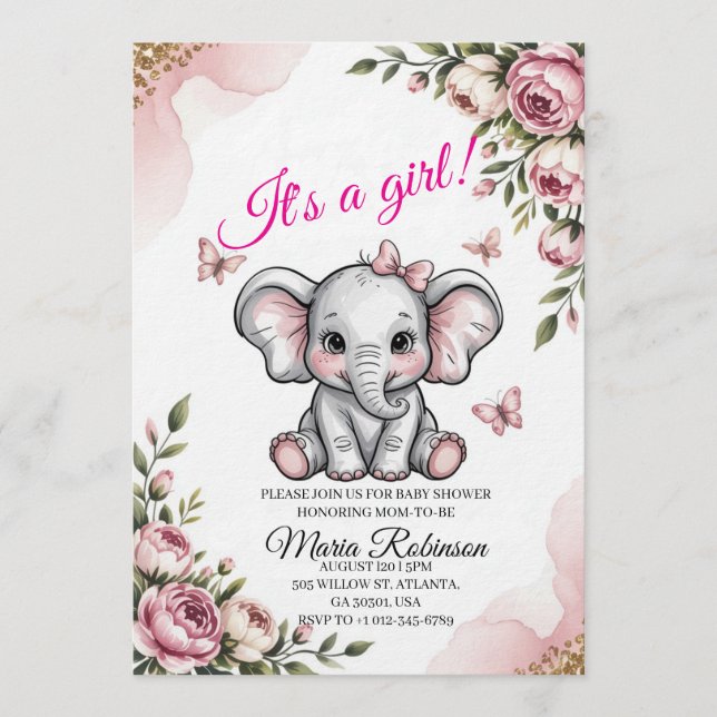 Invitación Sweet Elephant & Floral Baby Shower Invitation (Anverso)