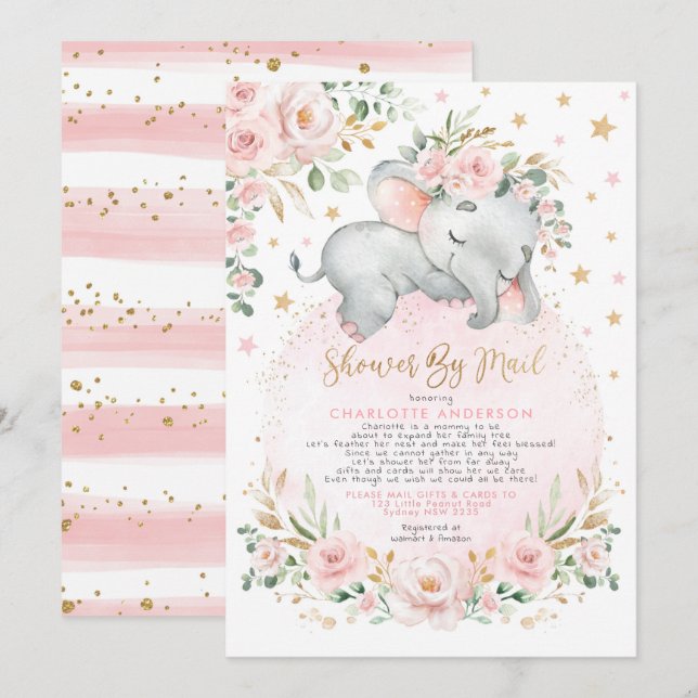 Invitación Sweet Elephant Rubor Gold Baby Shower Por Correo (Anverso / Reverso)