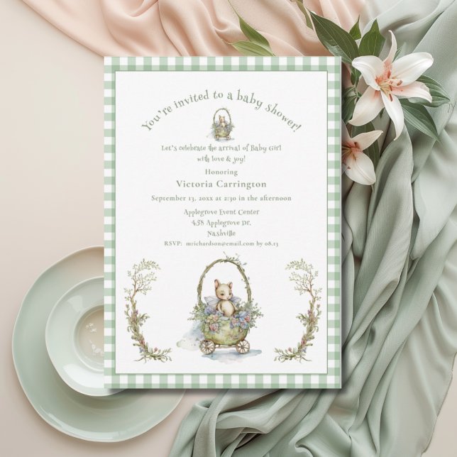 Invitación Sweet Fairytale Animal Green Gingham Baby Shower (Subido por el creador)