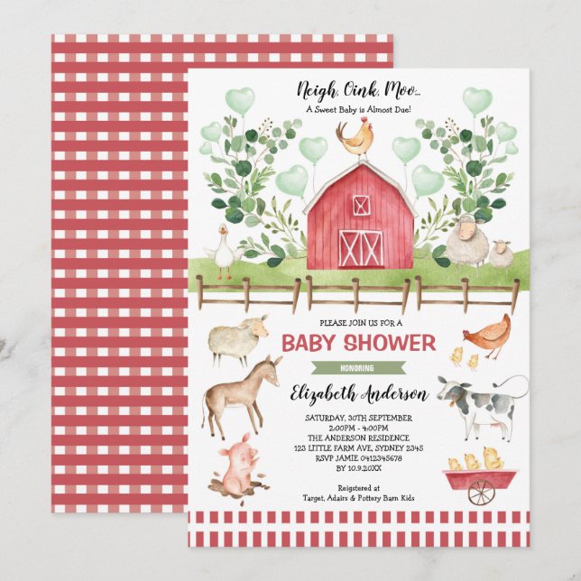 Invitación Sweet Farm Animals Barnyard Baby Shower (Anverso / Reverso)