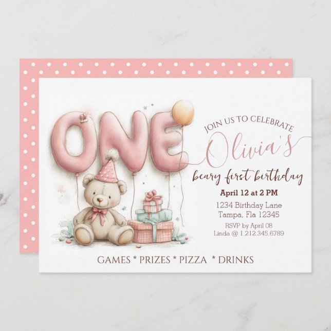 Invitación Sweet First Birthday Invitation with Teddy Bear  (Anverso / Reverso)