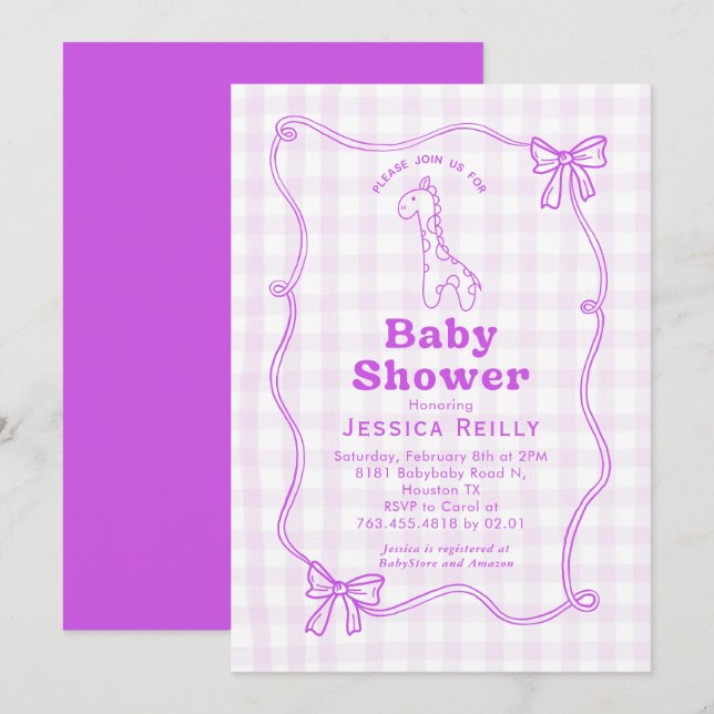 Invitación Sweet Giraffe Plaid Bow Elegant Baby Shower (Anverso / Reverso)