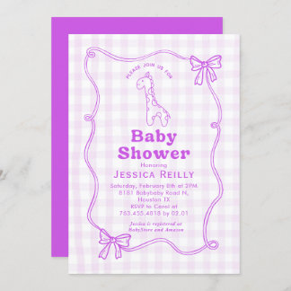 Invitación Sweet Giraffe Plaid Bow Elegant Baby Shower