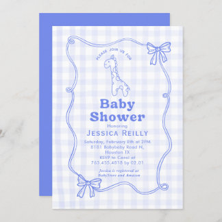 Invitación Sweet Giraffe Plaid Bow Elegant Baby Shower