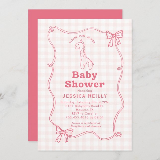 Invitación Sweet Giraffe Plaid Bow Elegant Baby Shower  (Anverso / Reverso)