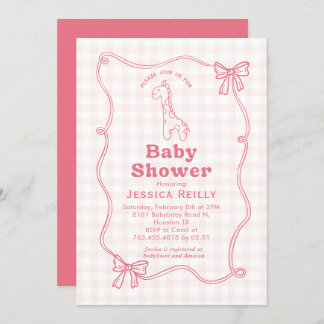 Invitación Sweet Giraffe Plaid Bow Elegant Baby Shower