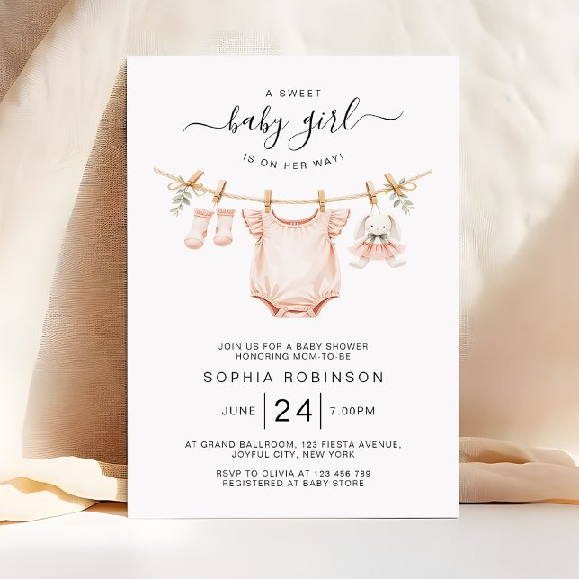 Invitación Sweet Girl Is on the Way Clothesline Baby Shower (Subido por el creador)