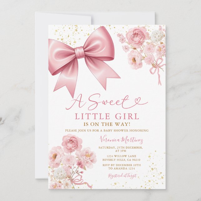 Invitación Sweet Girl Pink Bow Coquette Baby Shower Floral (Anverso)