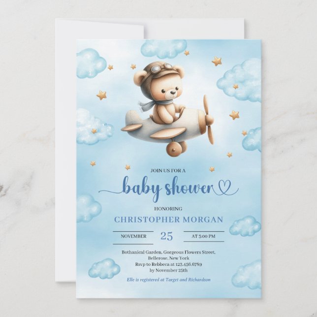 Invitación Sweet gold airplane bear theme boy baby shower  (Anverso)