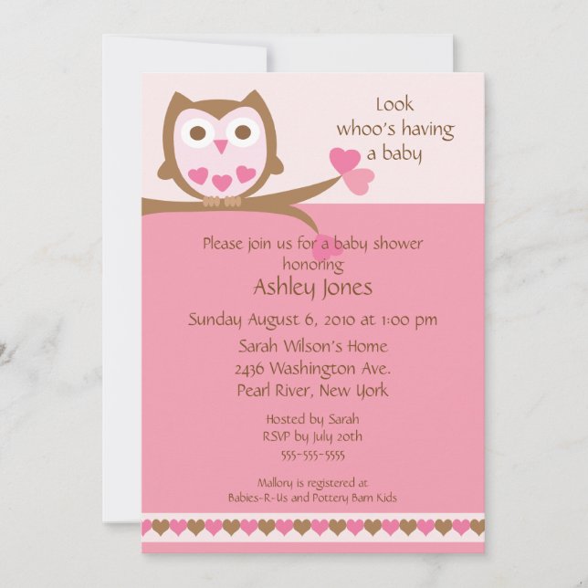 Invitación Sweet Heart Owl Baby Shower (Anverso)