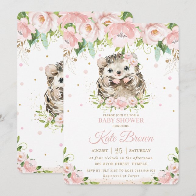 Invitación Sweet Hedgehog Rubor Pink Floral Gold Baby Shower (Anverso / Reverso)