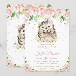 Invitación Sweet Hedgehog Rubor Pink Floral Gold Baby Shower