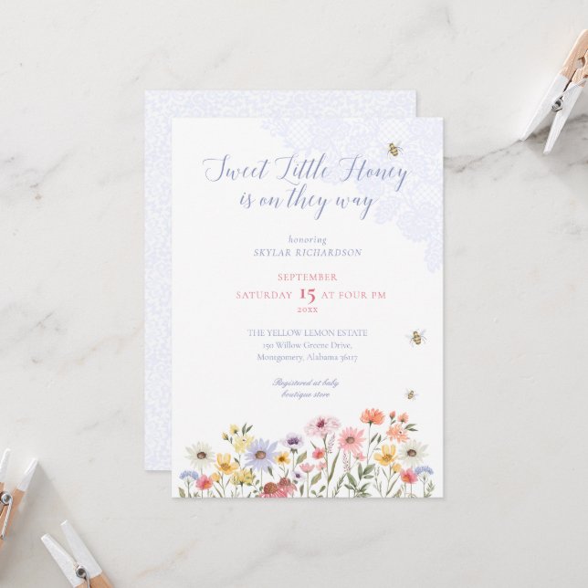 Invitación Sweet Honey Bee Wildflowers & Lace Baby Shower (Anverso/Reverso In Situ)
