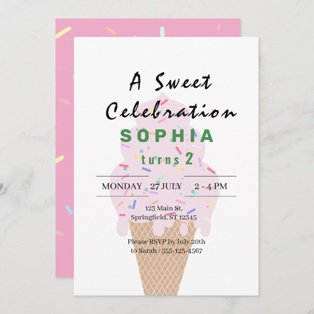 Invitación Sweet Ice Cream Birthday (Anverso / Reverso)