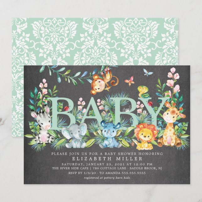 Invitación Sweet Jungle Animals Neutral Baby Shower (Anverso / Reverso)