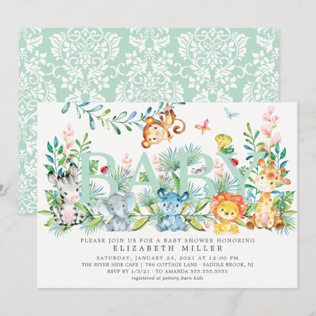 Invitación Sweet Jungle Animals Neutral Baby Shower (Anverso / Reverso)