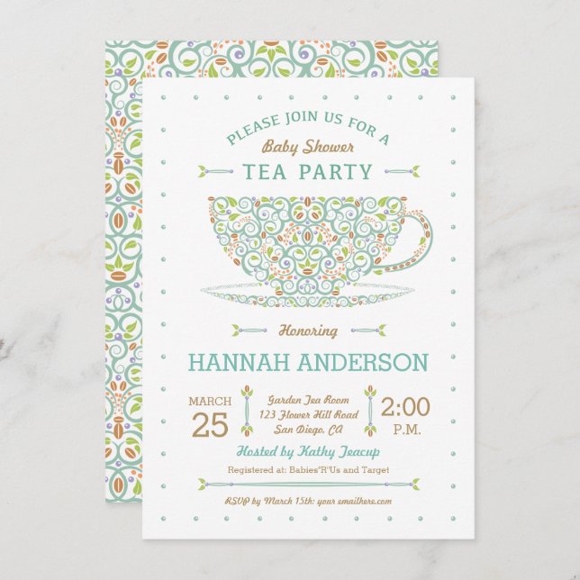 Invitación Sweet Lacy Teacup Baby Shower Género neutral (Anverso / Reverso)