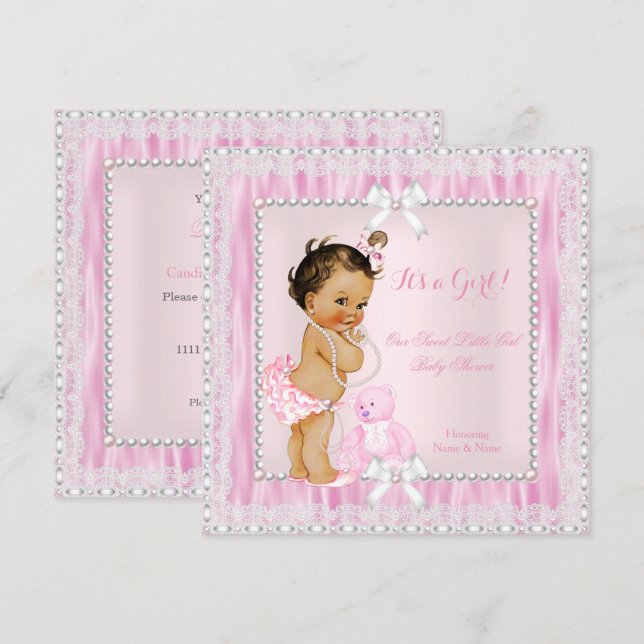 Invitación Sweet Little Girl Baby Shower Pearls Lace Brunette (Anverso / Reverso)